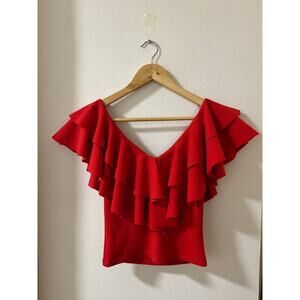Nylon Apparel Women’s Red Ruffle Off Shoulder Top – Size Small, Made in USA